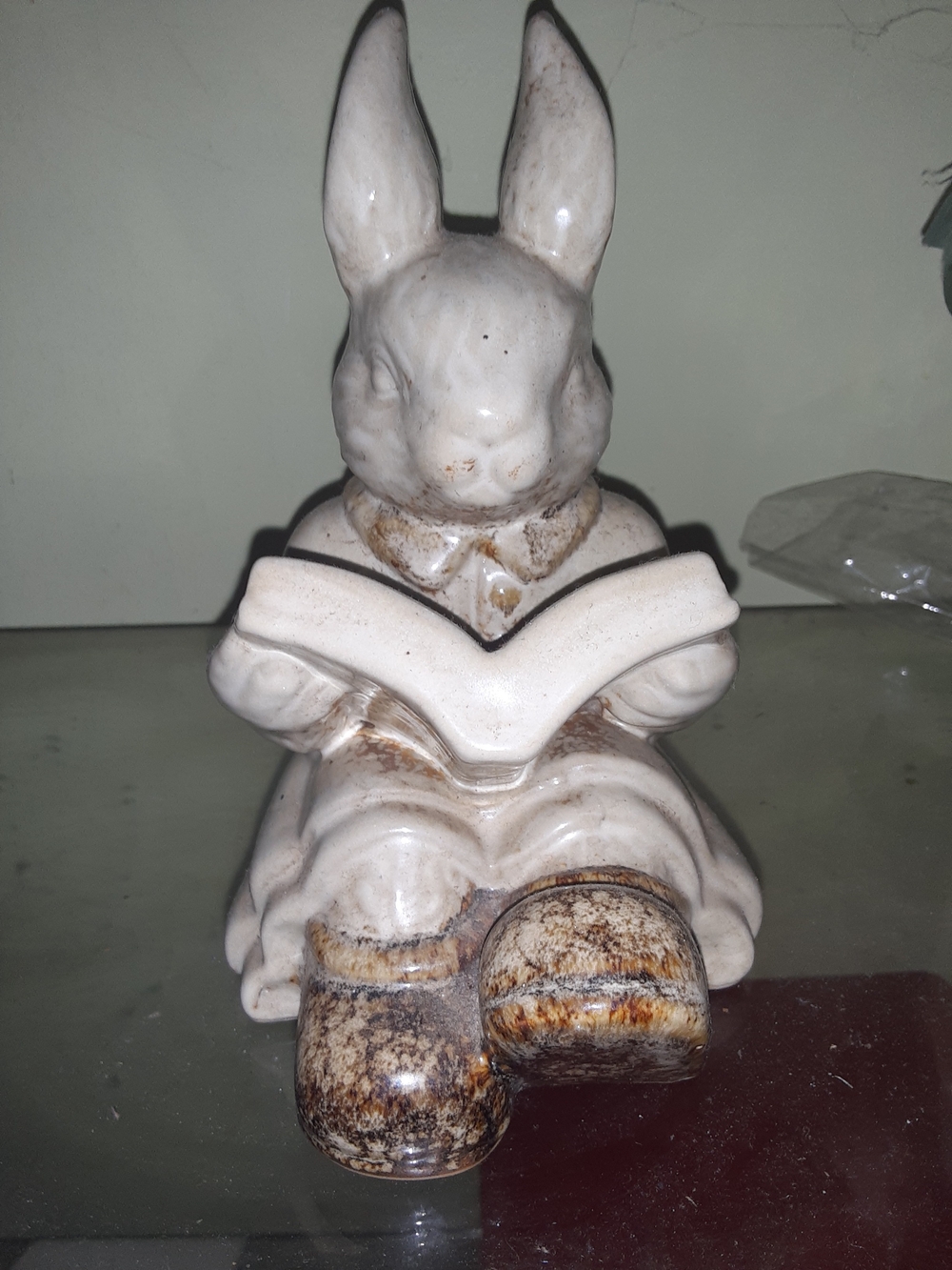 Hand-Painted Ceramic Reading Bunny Figurine - White & Brown